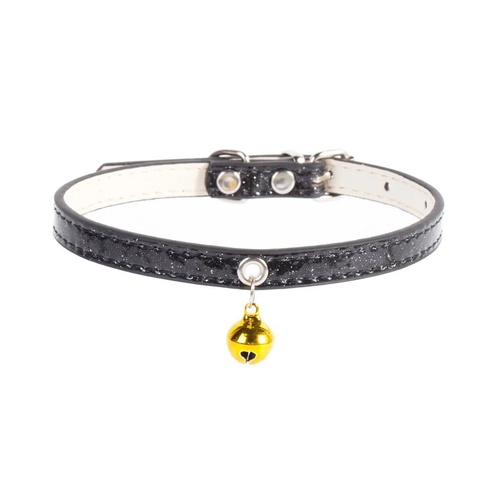 Black(Gold) Кожаный ошейник для маленьких собак и кошек с колокольчиком, регулируемые ремни для кошек и котят, ошейники для щенков, ошейники для чихуахуа, товары для домашних животных - Цвет: Black(Gold)