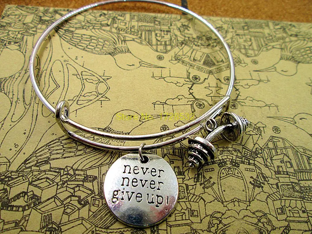 Hot sale diameter 65mm silver bracelets bangles never give up with dumbell kettlebell barbells jewelry for women | Украшения и