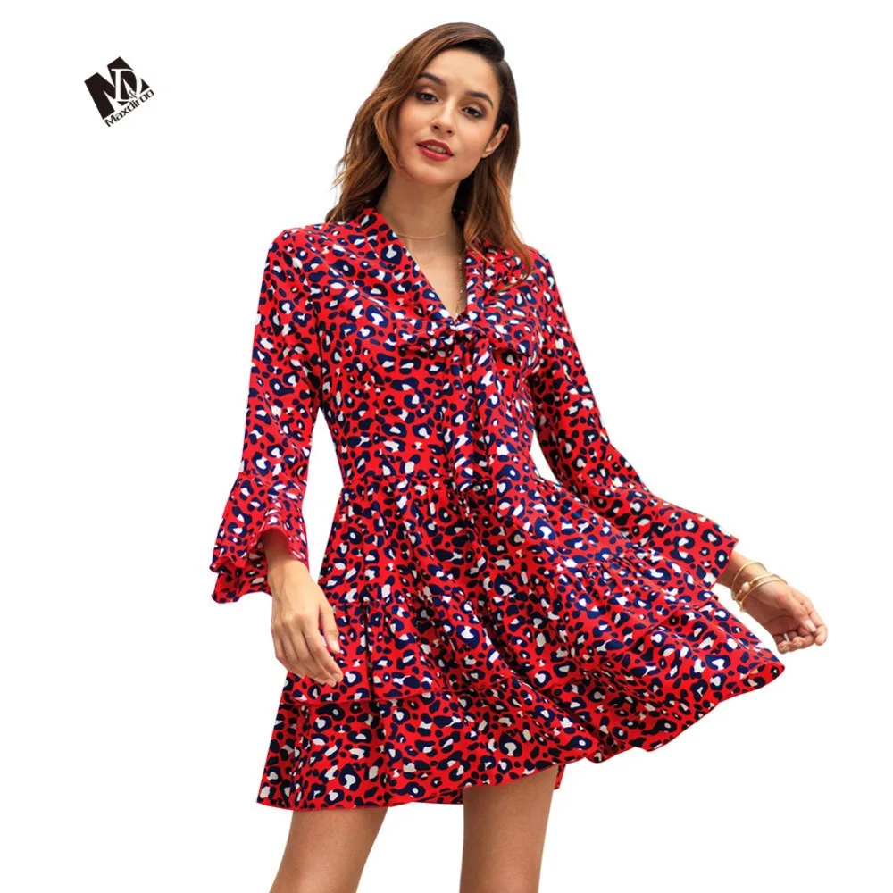 MAXDIROO женское платье с V образным вырезом Бандаж спереди крест расклешенный рукав