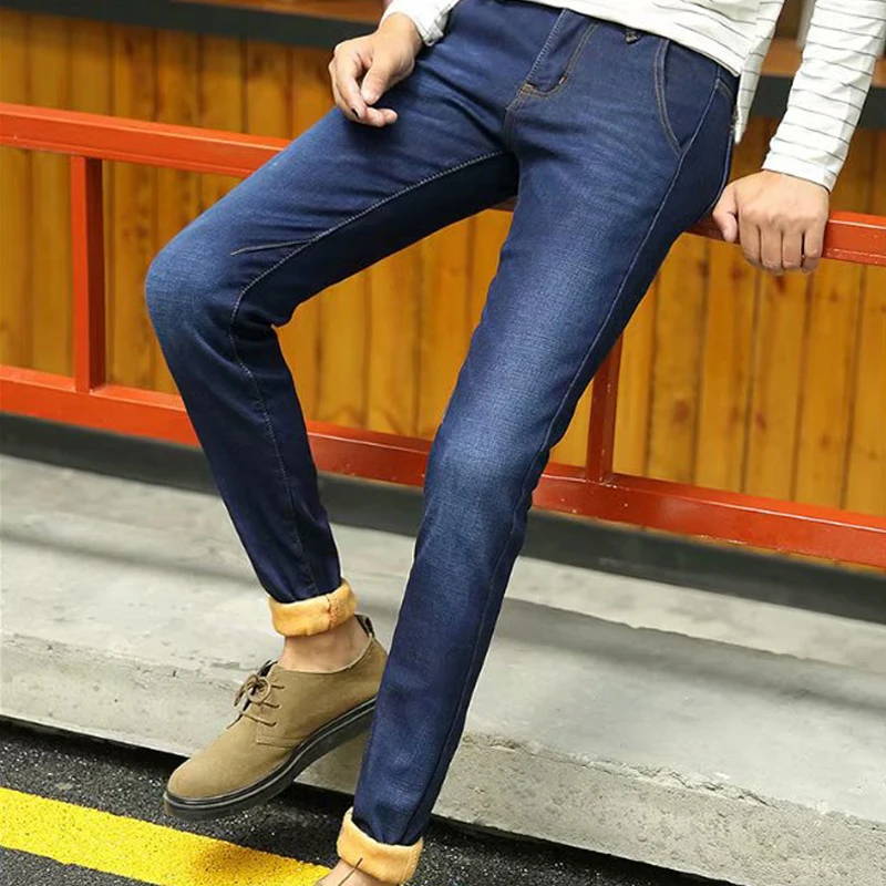 Solid Pencil Pants Men jeans 2019 Winter Jeans pants Full Length Midweight Mid Zipper Fly Loose Denim Trousers | Мужская одежда