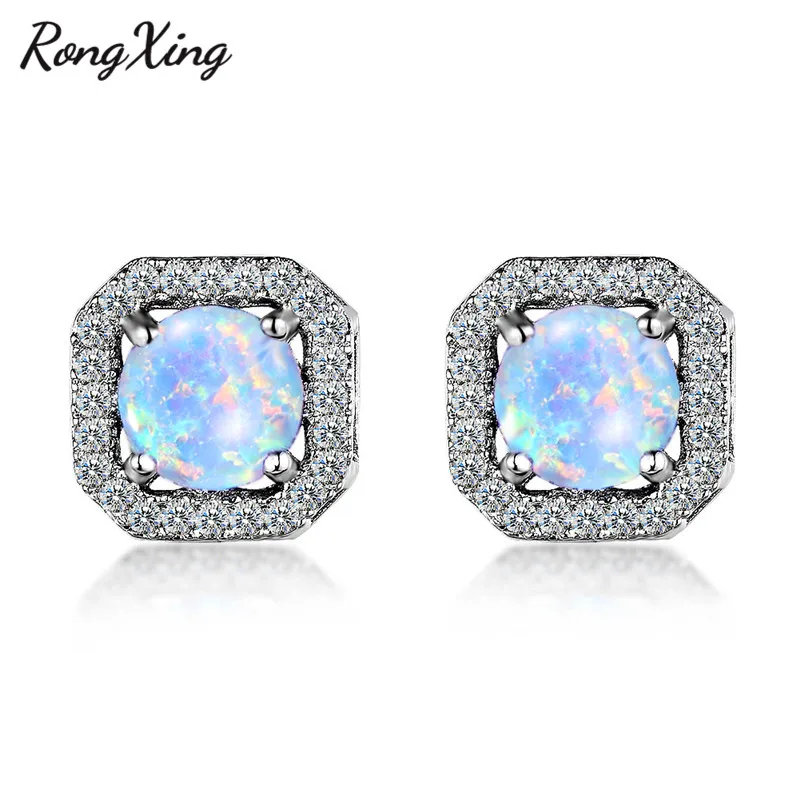 White Opal RongXing 925 пробы, заполненные серебром, белый/синий/зеленый огненный опал, циркониевые квадратные серьги-гвоздики для женщин, радужные серьги с камнем рождения - Окраска металла: White Opal