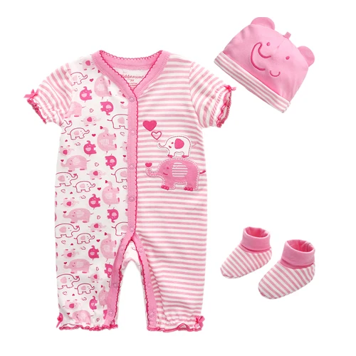 pink elephant Комплект одежды из 3 предметов осенний хлопковый комбинезон с короткими рукавами для маленьких мальчиков и девочек+ шапка+ носки, комплект для малышей, одежда для малышей - Цвет: pink elephant