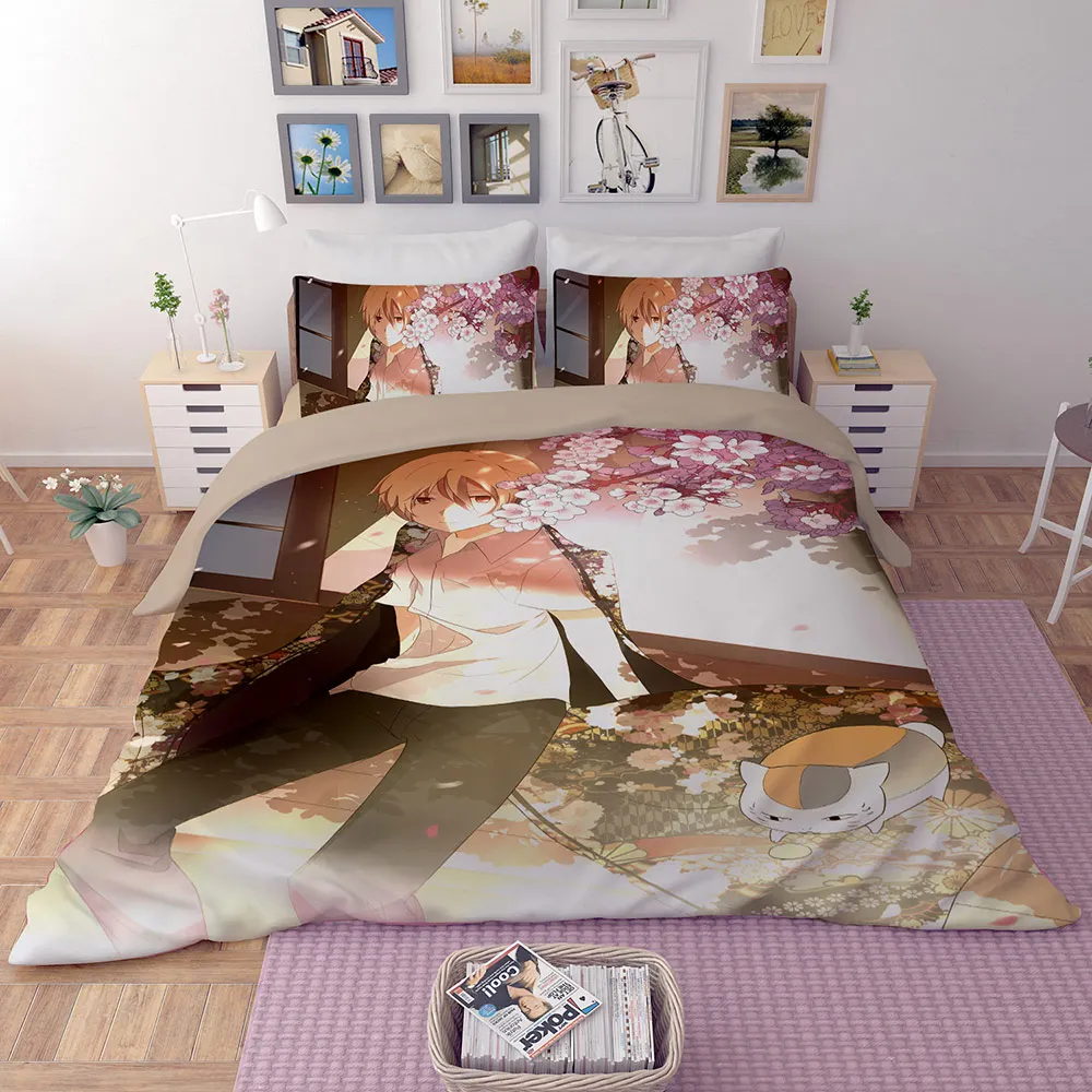 Japanese style bedding set Boy and cat flower picture Comic bedclothes quilt cover soft cute duvet comfortable pillowcases | Дом и сад