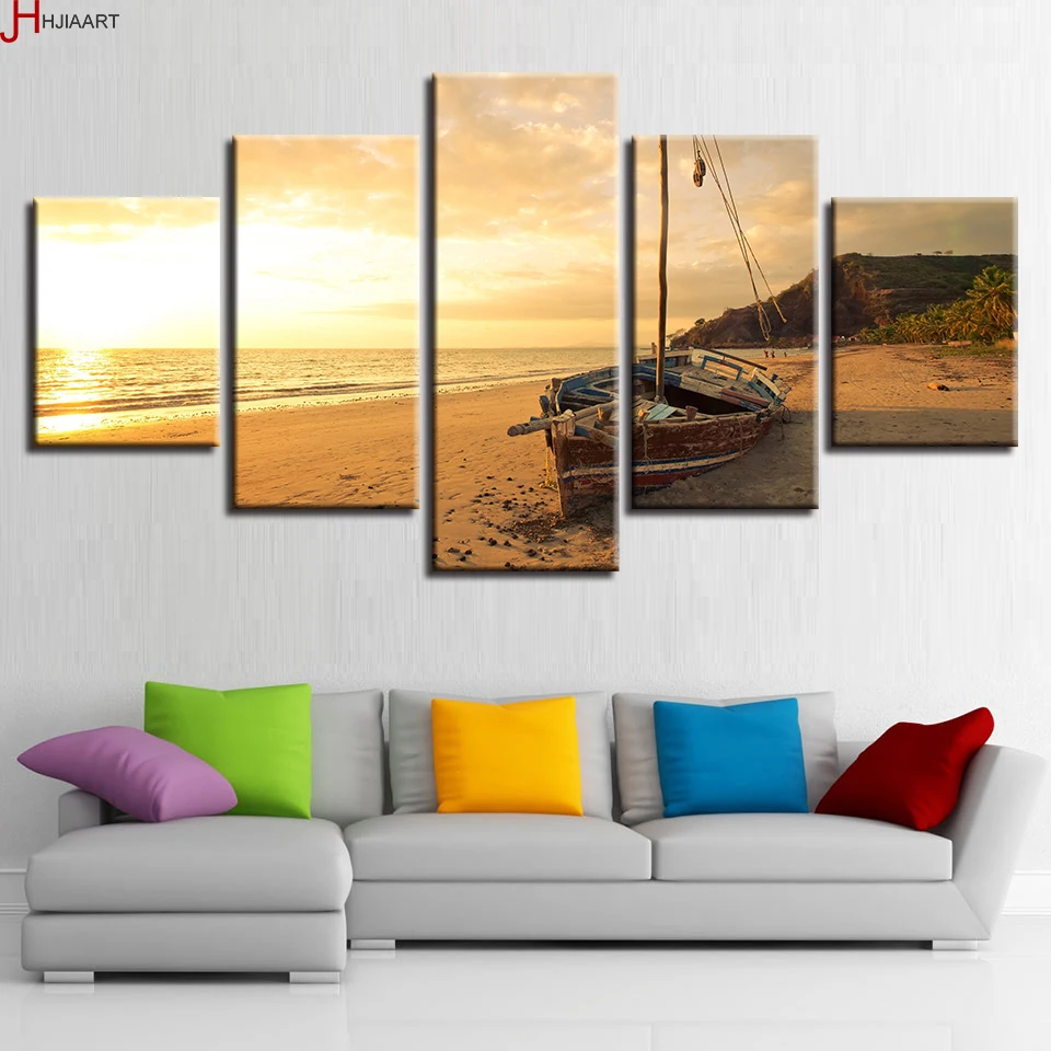 

Framework Wall Art Decoration For Living Room Modern Prints 5 Pieces Ship Sunset Seascape Painting Poster Modular Canvas Picture
