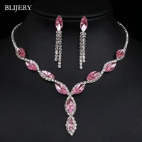 blijery fashion pink crystal prom wedding jewelry sets for women accessories floral tassel necklace earrings bridal jewelry sets