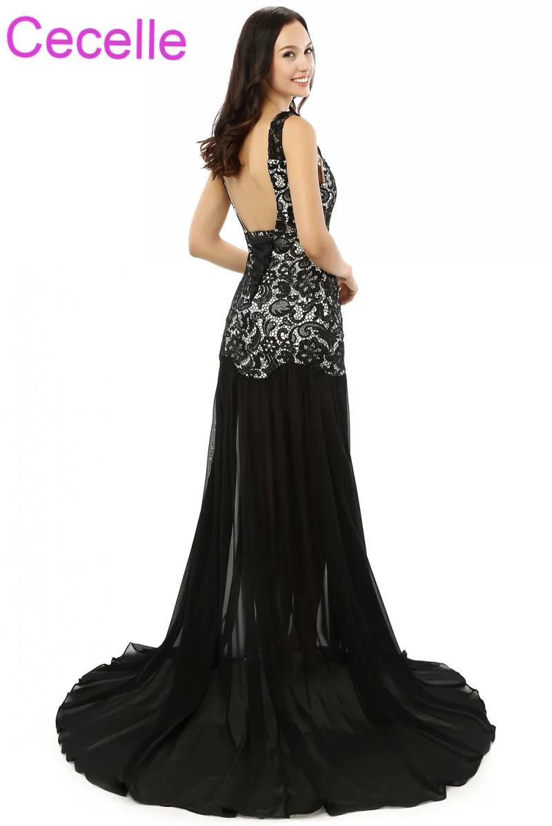 Черные открытые шифоновые длинные вечерние платья 2019 без рукавов прозрачная