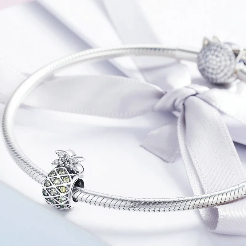 FURUYA 925 пробы серебряные талисманы подходят Pandora браслеты ожерелья лето ананас фрукты кристалл CZ бусины ювелирные изделия