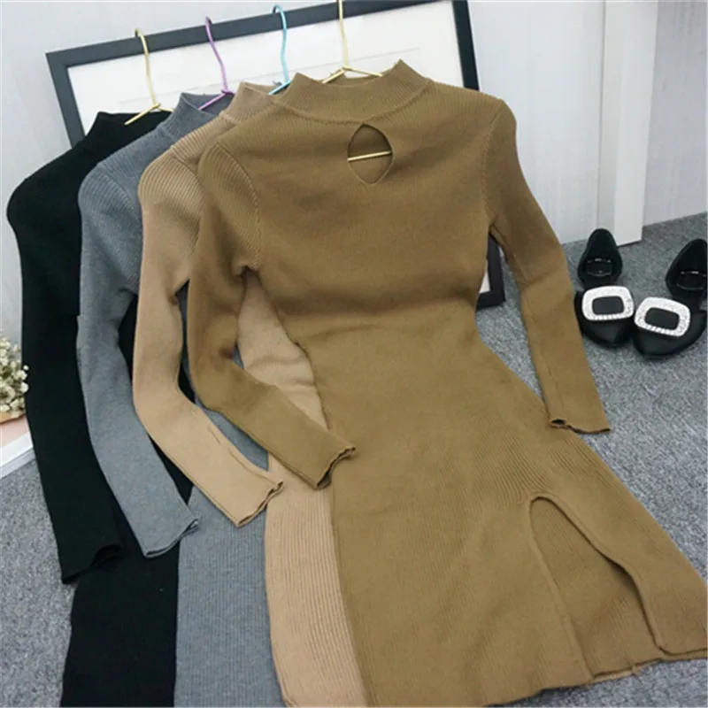 Женское трикотажное платье свитер Sanishroly с длинным рукавом и разрезом ажурное