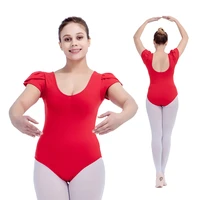 retail red cottonlycra cap puffy sleeve ballet dance leotards with drawstring front for ladies and girls