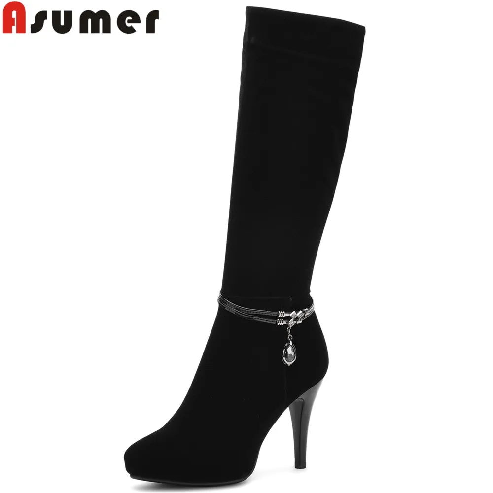 

ASUMER hot sale new arrive women boots black zipper ladies boots flock round toe crystal super high knee high boots