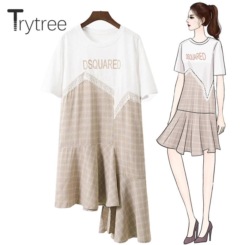 Trytree летнее платье женское повседневное хлопковая Футболка Лоскутная кружевная
