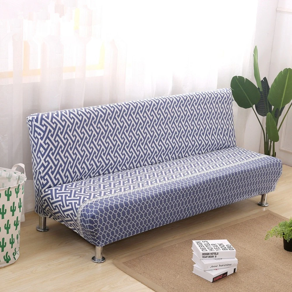 Серый полосатый чехол для дивана эластичный без подлокотника белый цветок