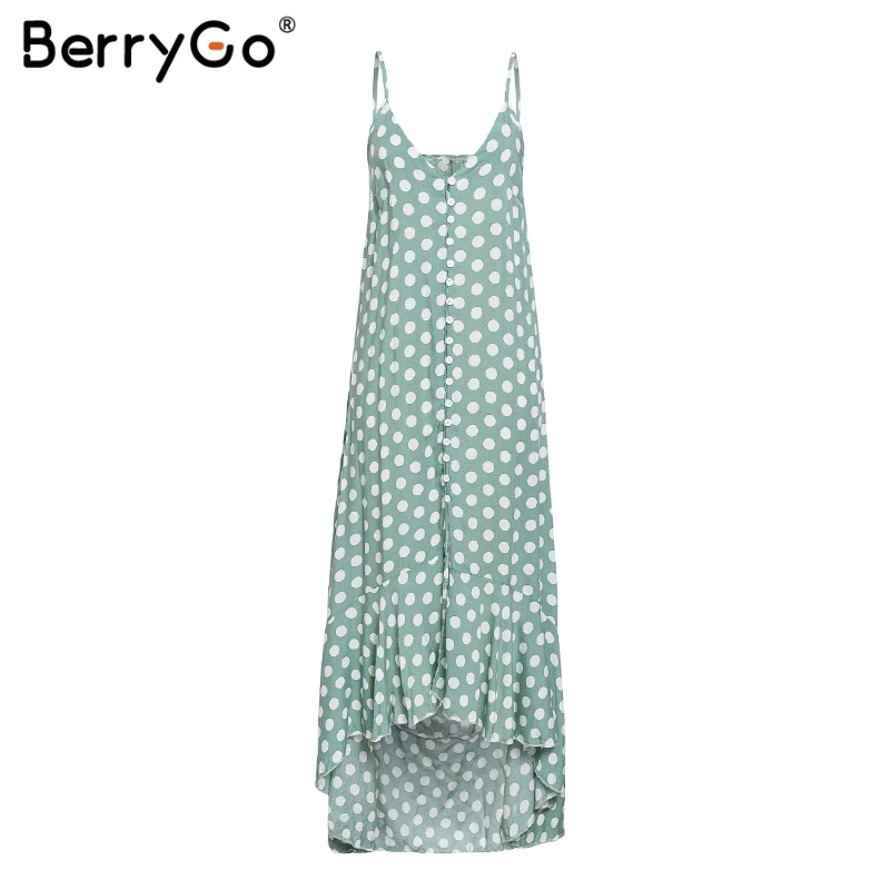 Синий BerryGo, макси, женские летние платья, бохо, сексуальное, v-образный вырез, на тонких бретелях, платье, элегантное, на пуговицах, в горошек, с принтом, длинное, Пляжное Платье, vestidos - Цвет: Синий