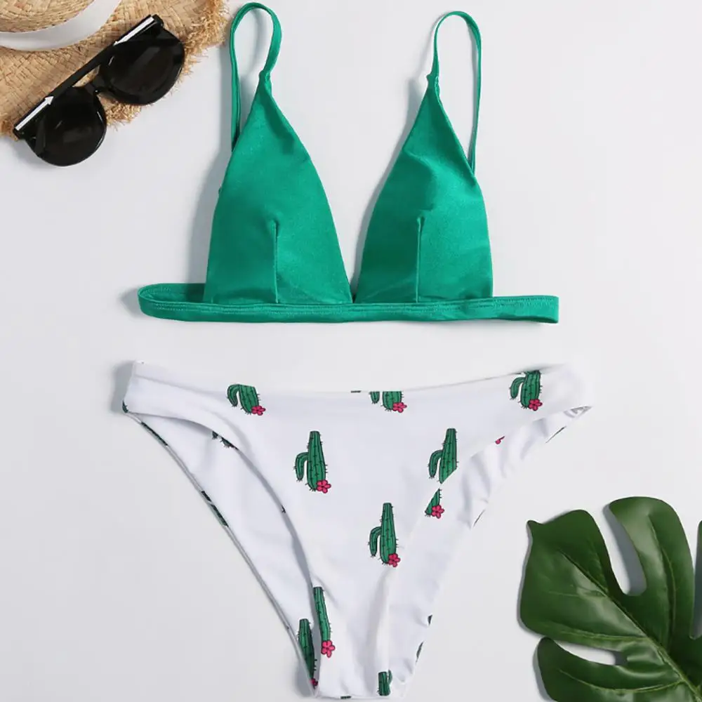 

New Cactus Print Women Bikini Set Swimsuit High Waist Padded Casual Women Beachwear Brazilian Biquini Bathing Suit Swimsuit