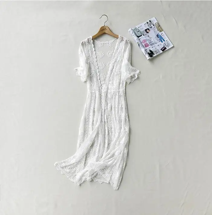 Женский прозрачный кардиган кружевной длинный с цветами лето Пляжная верхняя