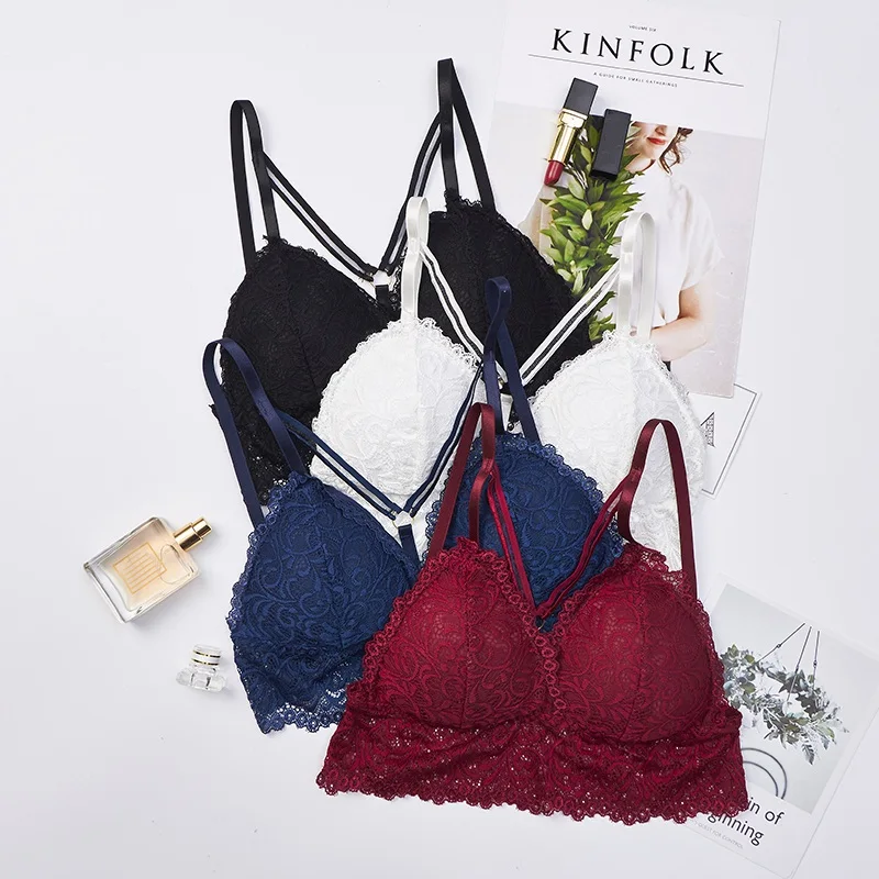 

Бюстгальтер женский кружевной без косточек, пикантное нижнее белье, бесшовный Бралетт с мягкими чашечками, красный, синий, черный, белый цве...