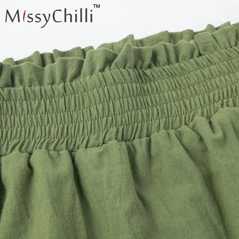 Женские свободные шорты MissyChilli зеленые повседневные уличные с оборками и высокой