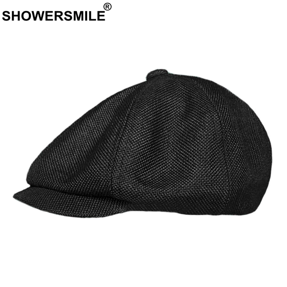 SHOWERSMILE мужские Восьмиугольные шляпы из хлопка и льна, летняя кепка Newsboy, Мужская черная однотонная винтажная дышащая брендовая Кепка и Кепка