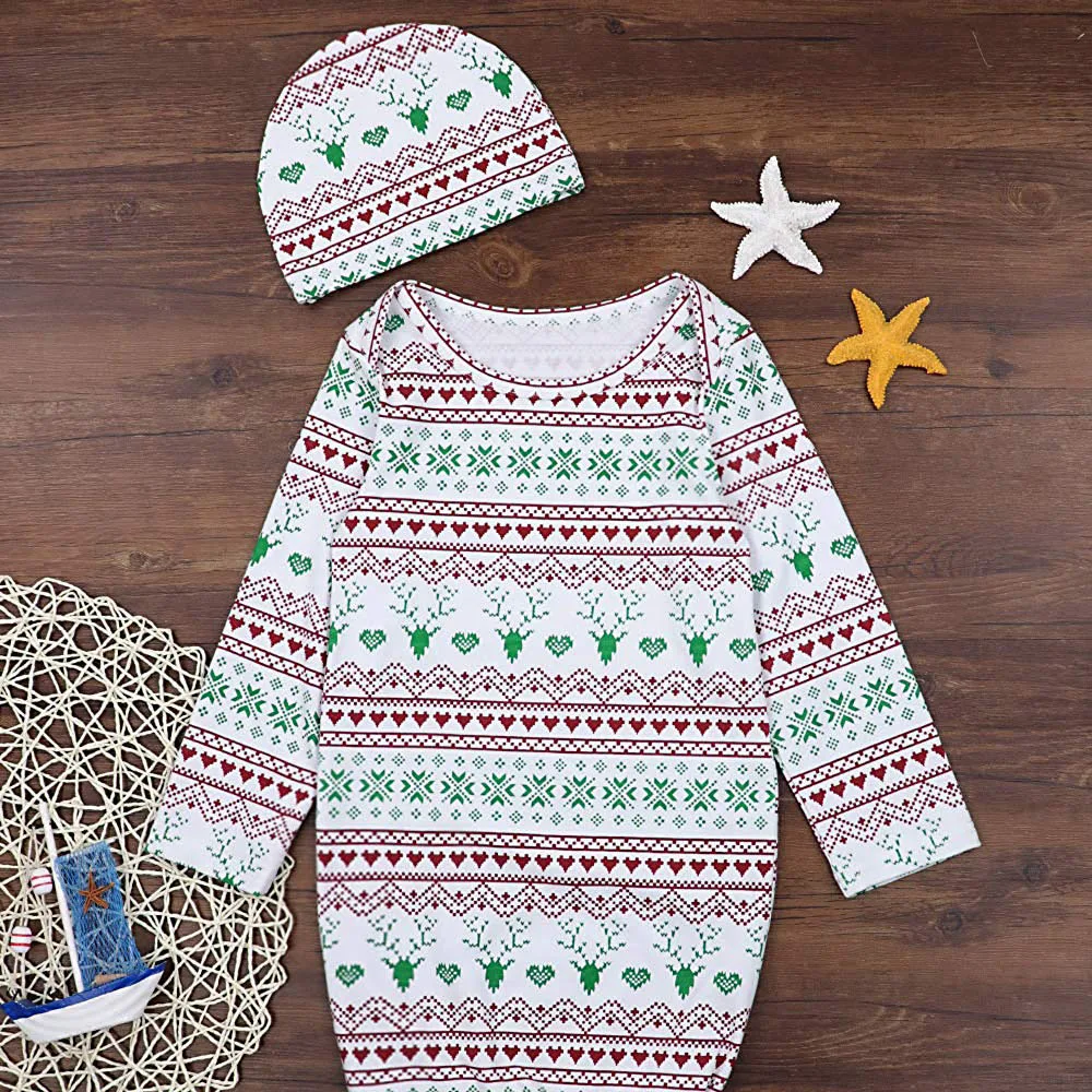 Oklady Yiner Infant Swaddle Nightgown Pattern Print Romper with Hat Sleeping Bags |