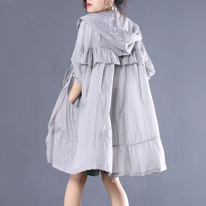 gray SeeBeautiful, новинка, модное летнее пальто на молнии с капюшоном, длинным рукавом, карманами, оборками, тонкое, плюс размер, солнцезащитное пальто для женщин Y858 - Цвет: gray