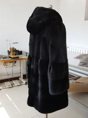 Женское пальто из натурального меха норки, женская верхняя одежда с капюшоном, полностью из норки, Женское зимнее пальто - Цвет: black