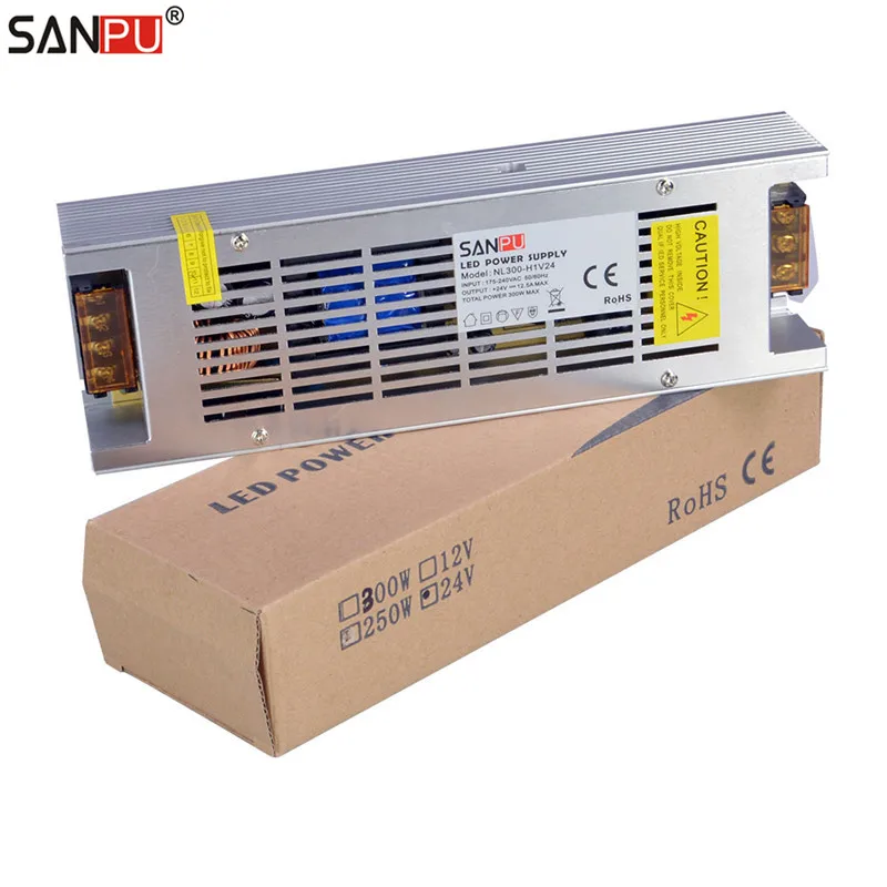 SANPU 24 V светодиодный драйвер 300 W 12A постоянного Напряжение переключение Питание трансформатор 220 V AC Вход тонкий IP20 внутренний алюминиевый свет
