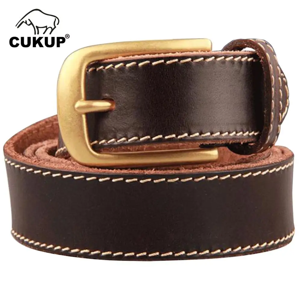 CUKUP Unisex Top Quality Grain Cow Cowhide Leather Belt Brass Buckle Jeans Accessories 1.3" Wide Fancy Vintage for Women NCK438