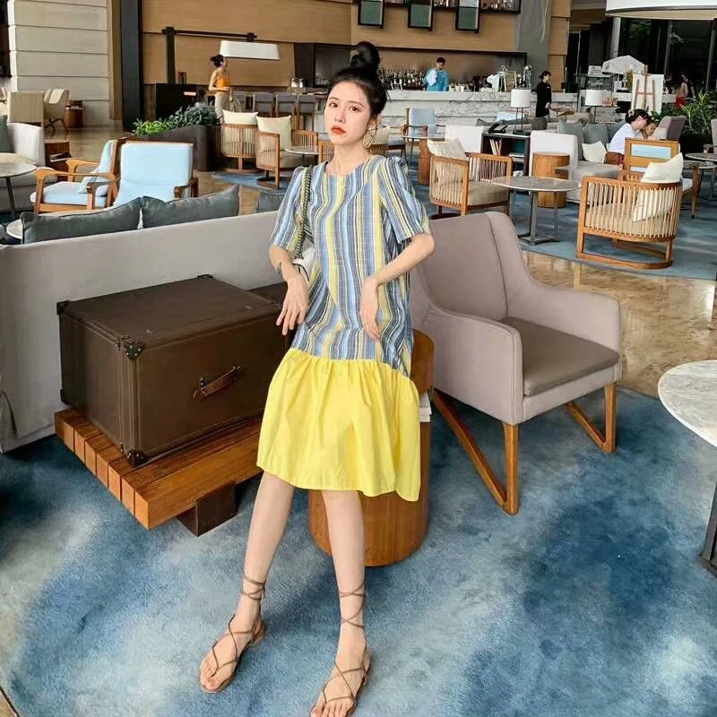 RUGOD Women patchwork striped dress o neck ruffles loose long dress new fashion female elegant chic mujer ladies korean robe