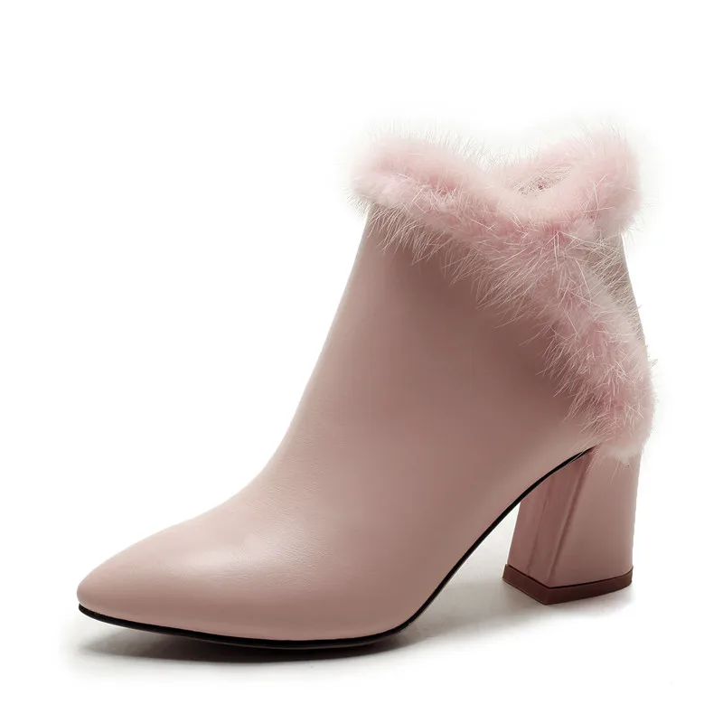 

Smirnova new arrival 2018 fashion high heels boots pointed toe with fur genuine leather ankle boots women's winter shoes