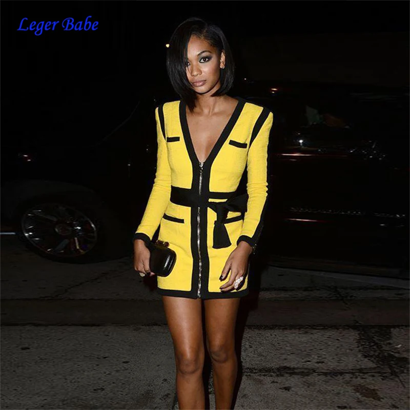 

New Arrivals Knitted Women Bandage Dress Deep V Neck Zipper Long Sleeve Yellow Patchwork Casual Party Winter Dress Vestidos