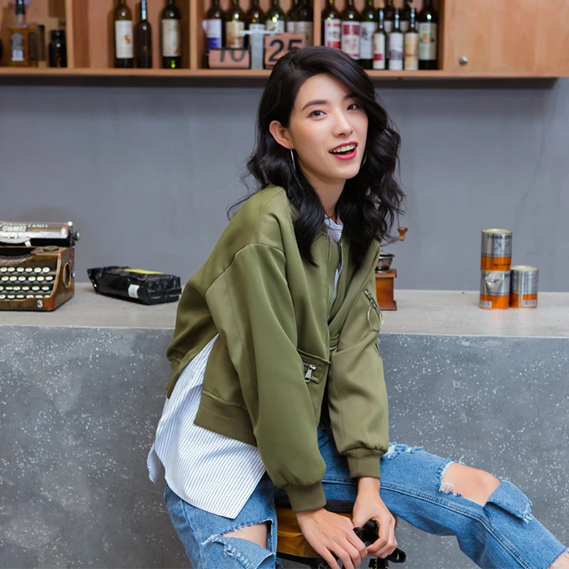 Hzirip Мода 2017 г. осень свободные Армейский зеленый лоскутное пальто Курточка