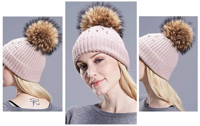 New Wool Beanies Women Real Natural Fur Pom Poms Fashion Pearl Knitted Hat Girls Female Beanie Cap Pompom Winter Hats for Women