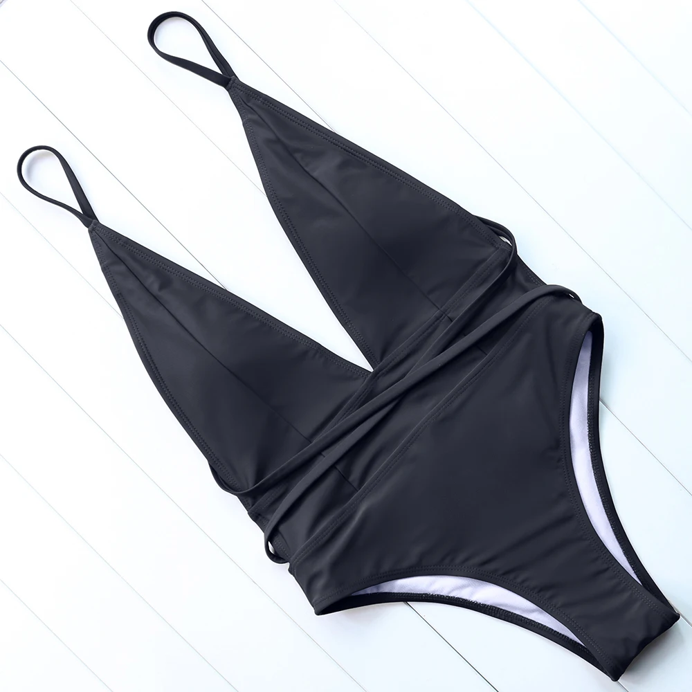 sexy one pieces swimsuit women push up swimwear halter bandage bathing suit female deep V bodysuit solid padded swimming | Спорт и