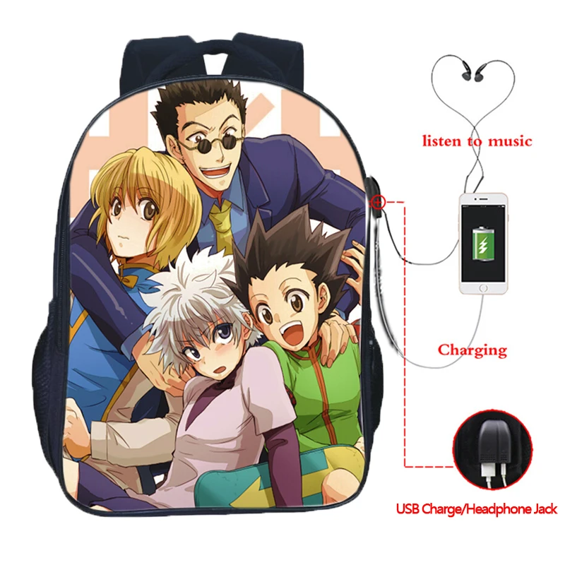 

Men Women Boys Girls Hunter X Hunter USB Charge Backpacks USB Charging Double Pocket School Backpack