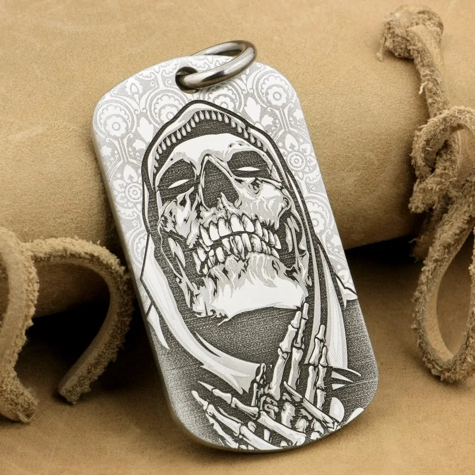 Solid 316L Stainless Steel High Detail Laser Deep Engraved Praying Skeleton Mens Biker Punk Pendant Dogtag 9X109 JP | Украшения и