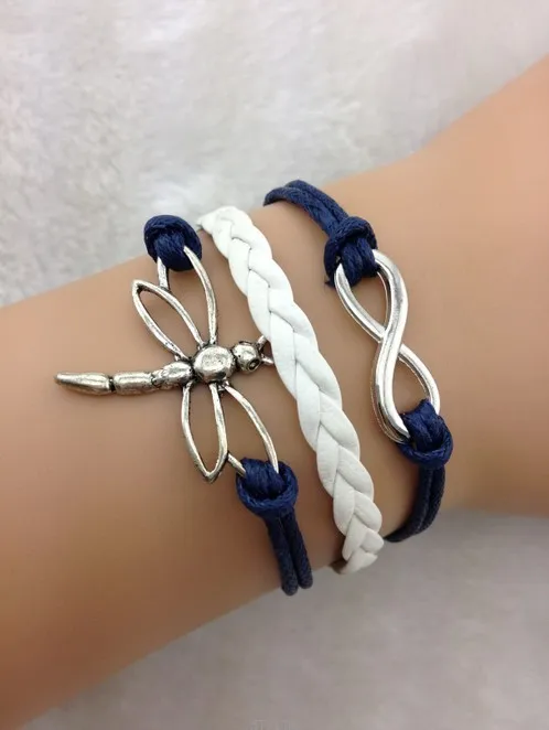 1 шт браслет Подвеска стрекозы в серебристо темно синих восковых шнурах и кожаной