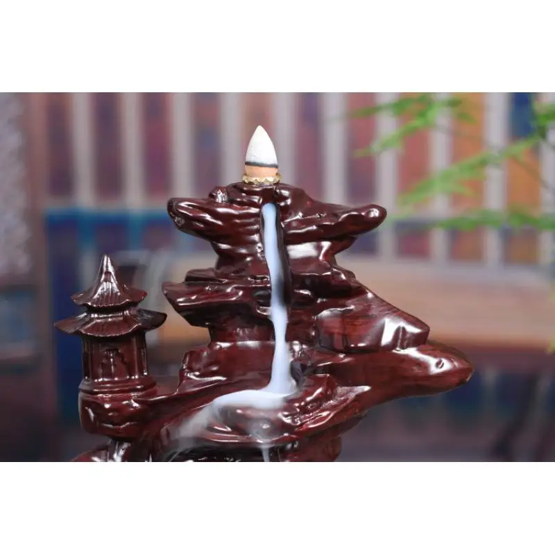 

Traditional Lofty Mountains And Flowing Water Blackflow Incense Burner Black Sandalwood Carved Incense Holder Home Decor