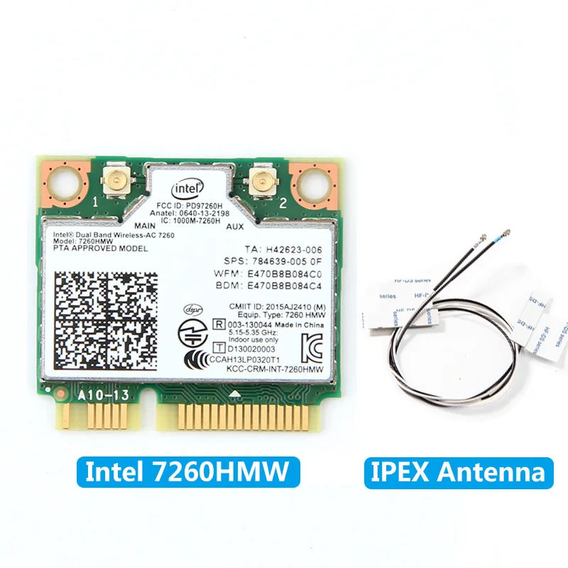 Card and 2x antenna Беспроводная мини карта PCI-E 7260HMW Wifi для Intel AC 7260 Двухдиапазонная 867 Мбит/с 802.11ac 2,4G/5G Bluetooth 4,0+ 2x U. FL IPEX антенна - Цвет: Card and 2x antenna
