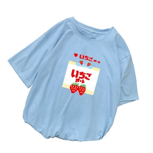 Футболка женская летняя с коротким рукавом, круглым вырезом и принтом клубники