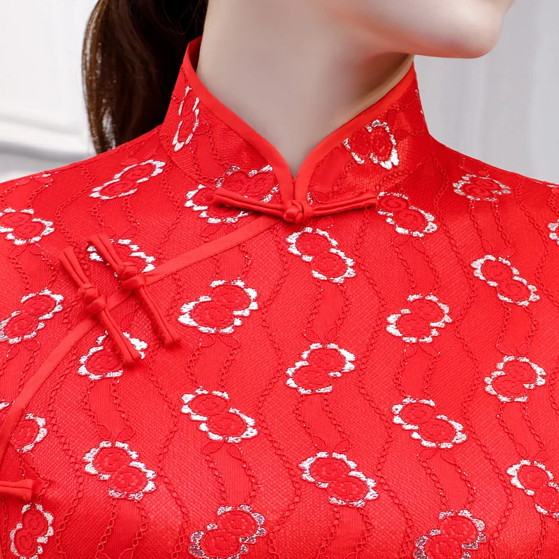 

2019 Summer Long Cheongsam Novelty Chinese style Dress Womens Lace Qipao Slim Party Dresses Lady Button Vestido Size S-3XL
