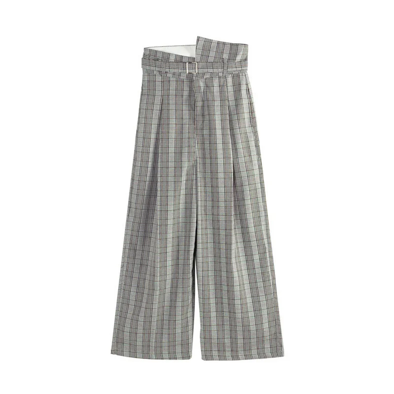 Toyouth летние новые клетчатые Стильные повседневные брюки с высокой талией и поясом, женские повседневные широкие брюки размера плюс - Цвет: Grey