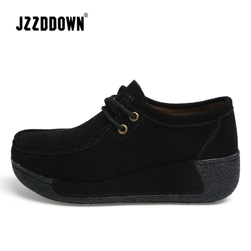 JZZDDOWN/Женская обувь; натуральная кожа; замша; зимняя обувь на платформе; женские кроссовки с мехом; повседневные лоферы; женская обувь на танкетке