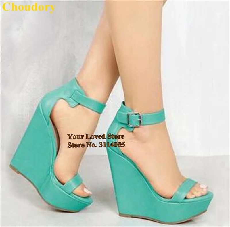 Женские босоножки на высокой танкетке Choudory розовые зеленые матовые кожаные
