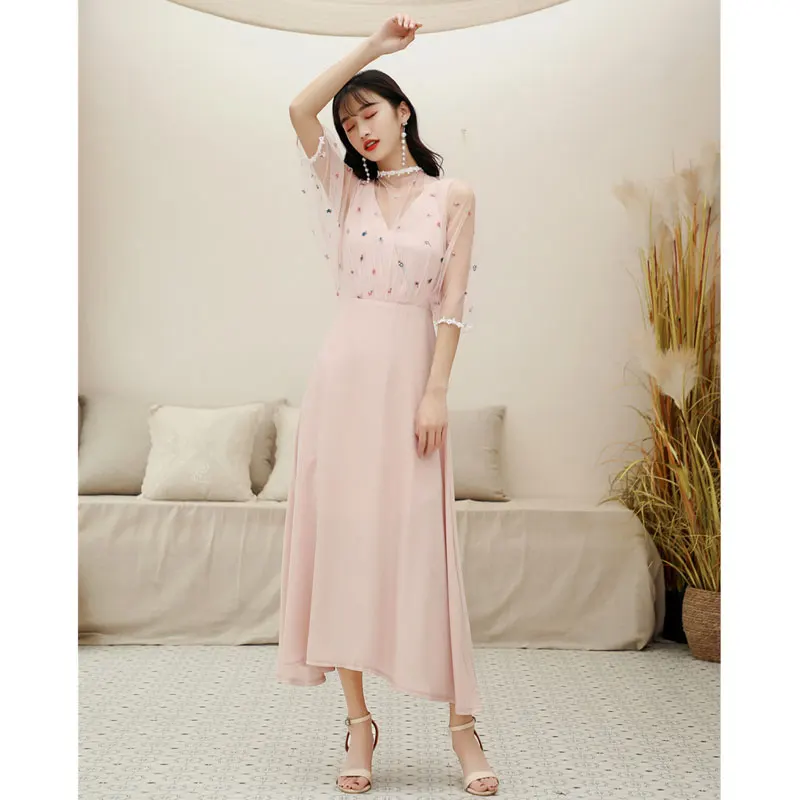 Новинка 2019 летняя женская одежда французское ретро платье с вышивкой Сетчатое