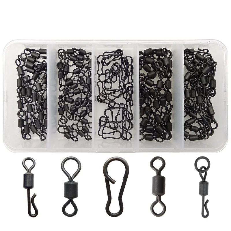

150pcs Matte Black Carp Fishing Quick Change Swivel Long Body Rolling Swivels Snap Carp Fishing Accessories Tackle Set With Box