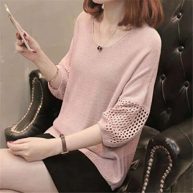 Women Spring / summer knit sweater Female New Fashion Loose Short-sleeved Clothes Thin Large Size Tops Jacket Pullover A0571 | Женская