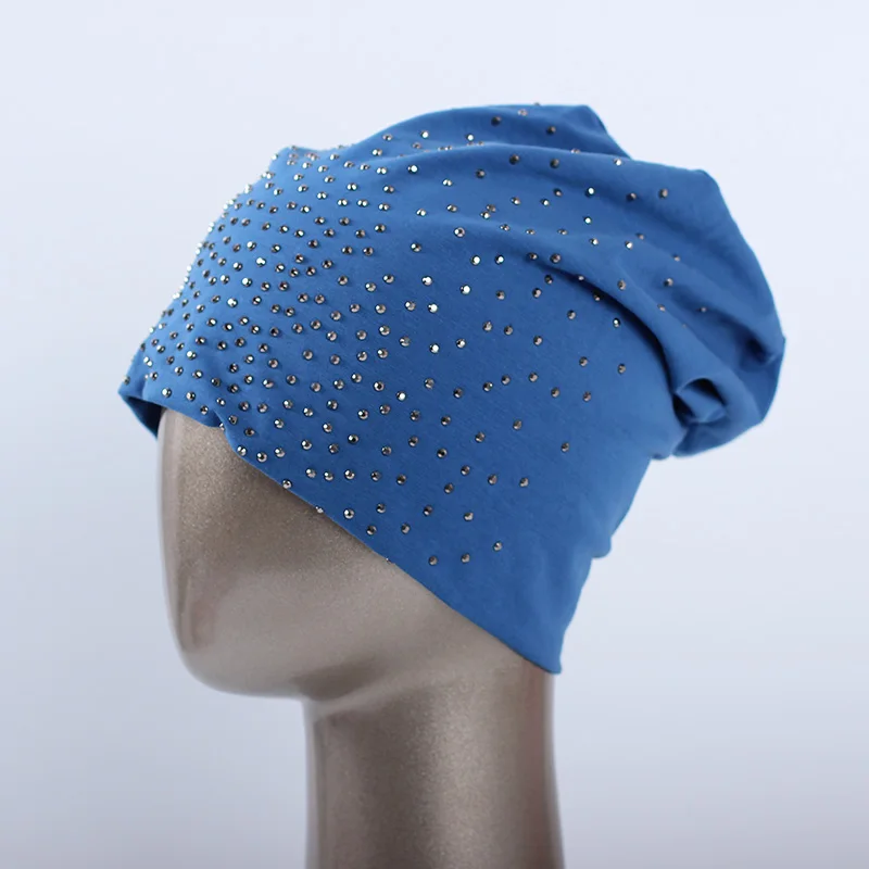 Geebro бренд Для женщин Стразы громоздкая сумка Beanie шляпа весна Повседневное Однотонные хлопковая шапка для Для женщин Женский капот Череп Шапки-бини - Цвет: Blue