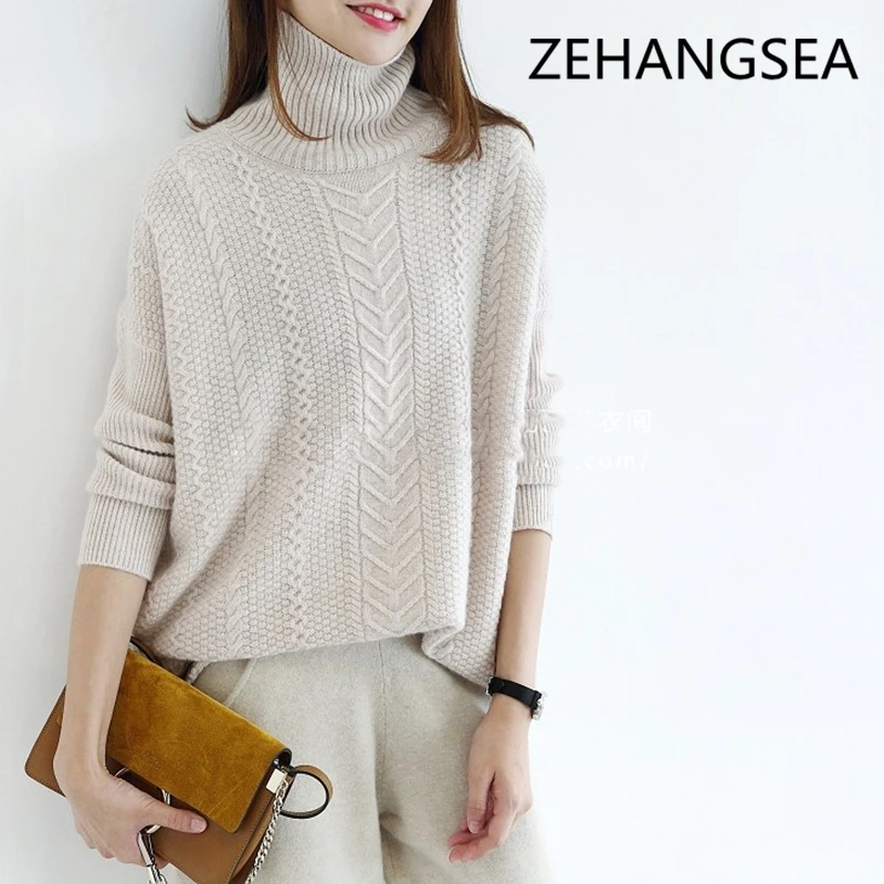 Зимний высококачественный кашемировый свитер женский свободный с высоким