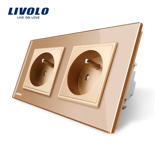 Gold LIVOLO 16A французский Стандартный, выход настенной электрической/Мощность двойная розетка/разъем, с украшением в виде кристаллов Стекло Панель, C7C2FR-11/12/13/15, без логотипа - Тип: Gold