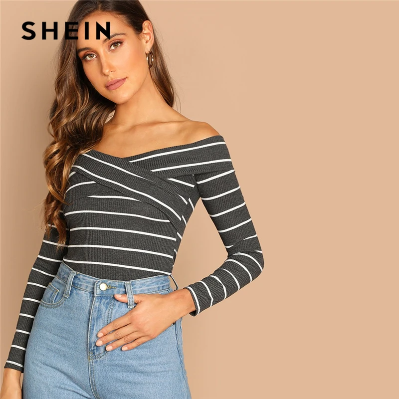 SHEIN Футболка В Полоску С Открытыми Плечами Облегающий Топ Женский Осенний Элегантный Топ С Длинными Рукавами